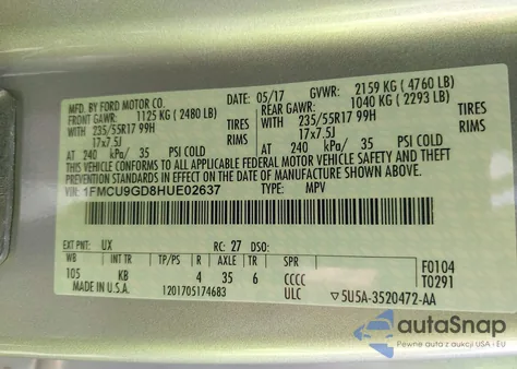 2017 Ford Escape Se из США, поврежденный, VIN 1FMCU9GD8HUE02637